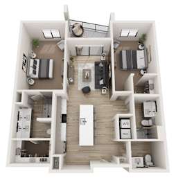 A 3D floor plan of a house with labeled rooms.