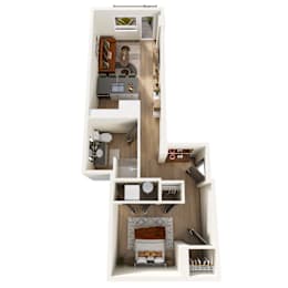 A detailed 3D floor plan of a small apartment.