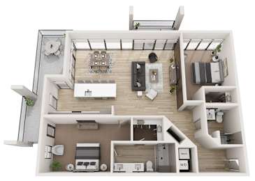 A top-down view of a house layout with a kitchen, living room, and bathroom.