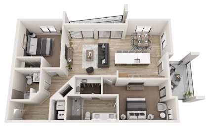 A 3D floor plan of a house with a kitchen, living room, and bathroom.