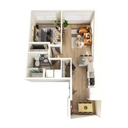 A top down view of a small apartment with a kitchen, living room and bedroom.