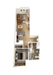 A top down view of a small apartment with a kitchen, living room, and bathroom.