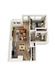 A top-down view of a small apartment with a kitchen, living room, and bathroom.