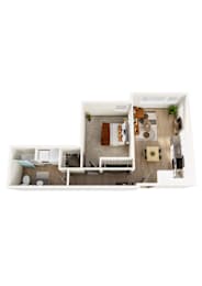 A white dollhouse with a living room, kitchen, and dining room.