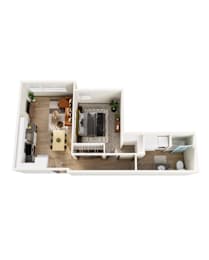 A white floor plan of a house with a kitchen, living room, and bathroom.