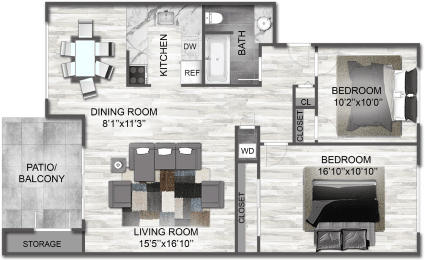 2 Bedroom 1 Bath Floor Plan at Creekside Apartments, Issaquah, WA, 98027