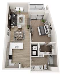 A top-down view of a modern apartment layout with a living room, dining area, kitchen, and bedrooms.