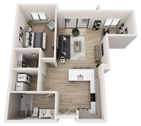 A top-down view of a modern apartment layout with a living room, kitchen, and two bedrooms.