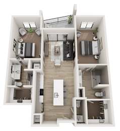 A 3D floor plan of a modern apartment layout.