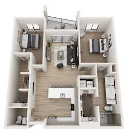 A top-down view of a modern apartment layout with a kitchen, living room, and bedrooms.