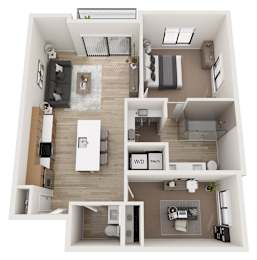 A top-down view of a modern apartment layout.