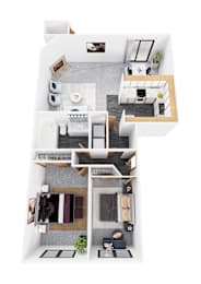 A top-down view of a modern apartment layout.