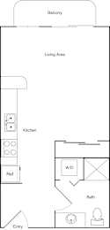A floor plan of a house with a living area, kitchen, bathroom, and bedrooms.