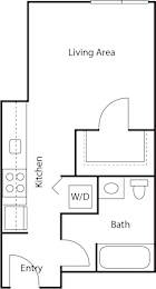 A floor plan of a house with a living area, kitchen, bath, and entry.