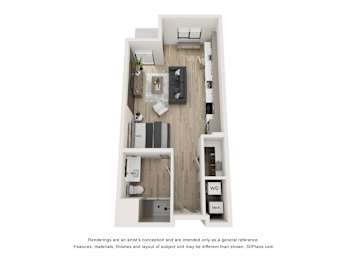 A floor plan of a small apartment with a kitchen, living room, and bathroom.