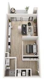 A top-down view of a small, neatly organized apartment with a kitchen, living room, and bathroom.