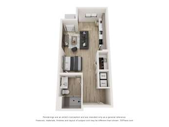 A floor plan of a small apartment with a kitchen, living room, and bathroom.