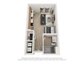 A 3D floor plan of a small apartment with a kitchen, living room, and bathroom.