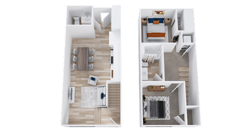 Two images showing different layouts of a room with furniture.
