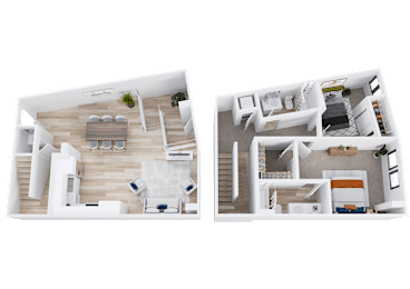 Two images of a house layout with a living room, kitchen, and bedrooms.