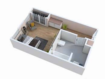 A top down view of a small apartment with a living room, kitchen, and bathroom.