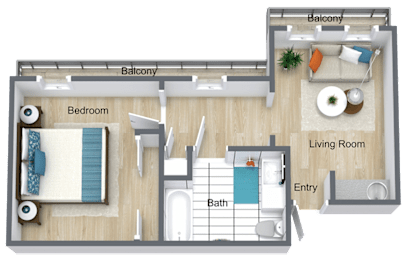 A diagram of a house layout with a living room, bedroom, bathroom, and balcony.