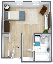 A floor plan of a small apartment with a bedroom, bathroom, and entryway.