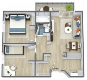 a stylized floor plan with a bedroom and a living room