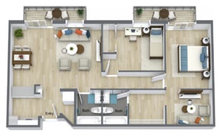 a stylized 3d floor plan of a room with a bedroom and a kitchen