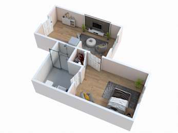 A 3D floor plan of a small apartment with a kitchen, living room, and bathroom.