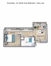 A floor plan of the Encinitas - AL North One Bedroom in San Luis.