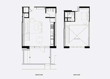 A black and white image of a floor plan for a two-story building.