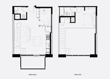 A black and white image of a floor plan for a two-story building.