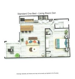 A drawing of a living room den with a standard one bed.