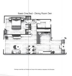 A drawing of a Basic One Bedroom apartment with a Dining Room.