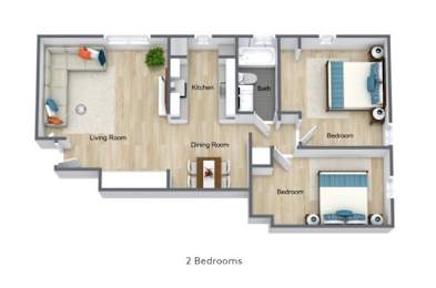 A diagram of a house layout with two bedrooms, a living room, a dining room, a kitchen, and a bathroom.