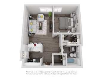 A 3D floor plan of a small apartment with a living room, kitchen, and bedroom.