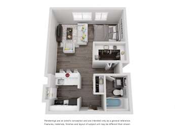 A 3D rendered image of a small apartment layout.