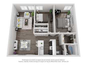 A 3D floor plan of a house with a kitchen, living room, and bedrooms.