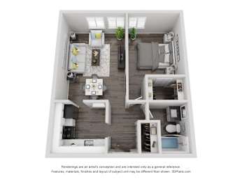 A 3D floor plan of a small apartment with a kitchen, living room, and bathroom.