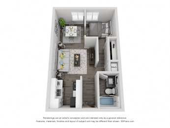 A 3D floor plan of a small apartment with a kitchen, living room, and bedroom.