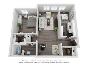 A 3D floor plan of a house with a kitchen, living room, and two bedrooms.
