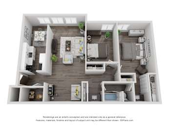 A 3D floor plan of a house with a kitchen, living room, and two bedrooms.