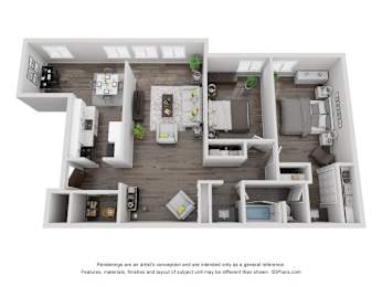 A 3D floor plan of a house with multiple rooms and furniture.