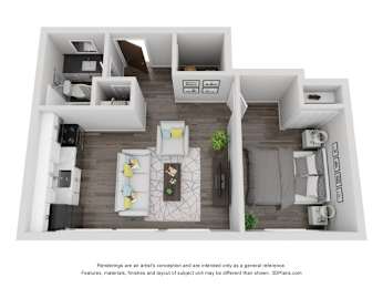 A 3D floor plan of a small apartment with a kitchen, living room, and bedrooms.