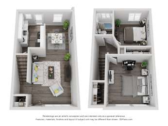 A floor plan of a two-story apartment with a living room, kitchen, and bedrooms.