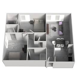 A 3D model of a house with a kitchen, living room, and dining area.