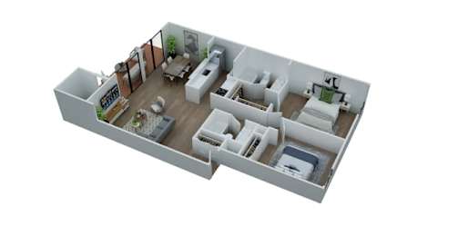 A 3D floor plan of a house with a kitchen, living room, and two bedrooms.