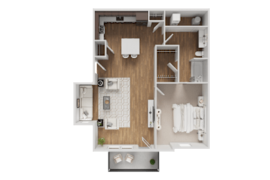 A top-down view of a house layout with a kitchen, living room, and bathroom.