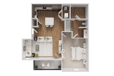 A top-down view of a small apartment layout with a kitchen, living room, and bathroom.